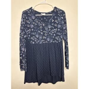 J. Jill Navy Blue Size Medium Floral Baby Doll Peplum Tunic Excellent Dual Print